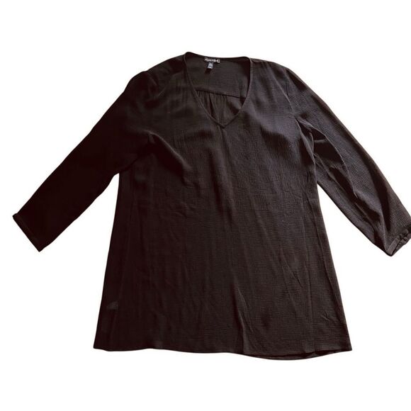 Eileen Fisher 100% Silk Textured Black V Neck Long Sleeve Oversized Tunic Top L - Picture 7 of 15